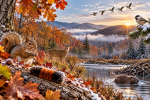 Appalachian mountain landscape in autumn and early winter with a squirrel, woolly bear, deer, beaver, birds and snow.