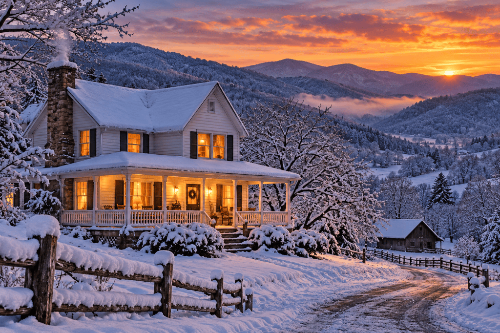 A cozy farmhouse surrounded by snow-covered Appalachian mountains at sunset.