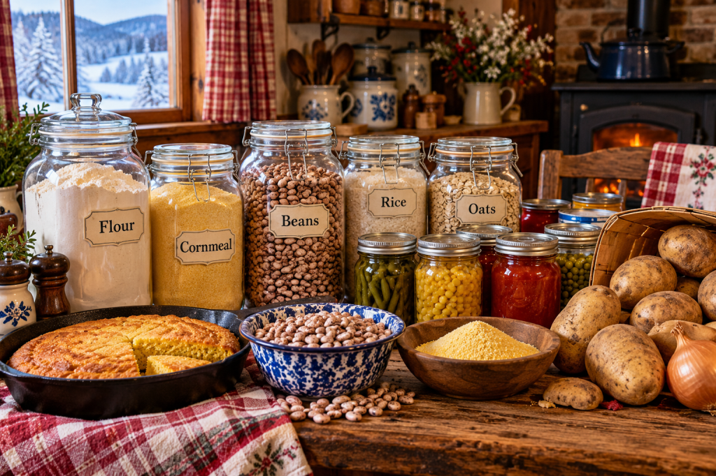 A cozy farmhouse kitchen pantry with glass jars of flour, cornmeal, beans, rice, and oats, canned vegetables, potatoes, and homemade cornbread on a rustic wooden table, with snowy Appalachian mountains visible through the window.